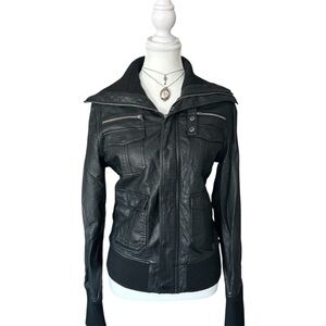 Y2K “5/48” Black Faux Leather Biker Bomber Style Zip-up Jacket